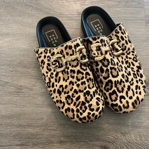 ShuShop Leopard-Print Slip-On Mules with Gold Hardware